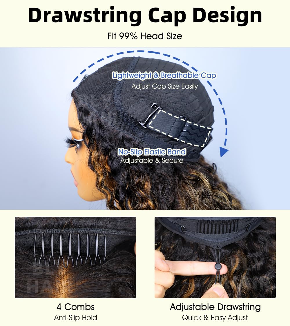 BLY Highlight Water Wave Half Wig Human Hair 3 in 1 Glueless Drawstring Flip Over Wear Go Wig for Women 1B 30 Color 180 Density Short Bob Wigs 14 Inch