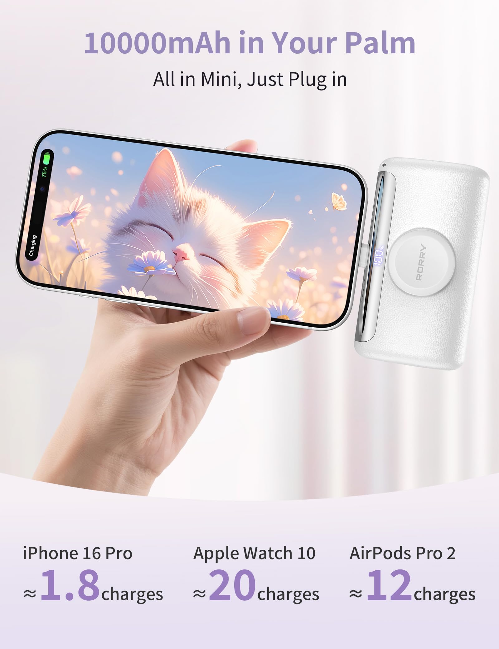 RORRY PalmGo Portable Charger, 10000mAh PD 22.5W Fast Charging Mini Power Bank with Built-in USB C Connector, 3-in-1 Battery Pack for iPhone 17/16/15 Pro/Max, Apple Watch Ultra/11/10/SE, iPad, White — view 2