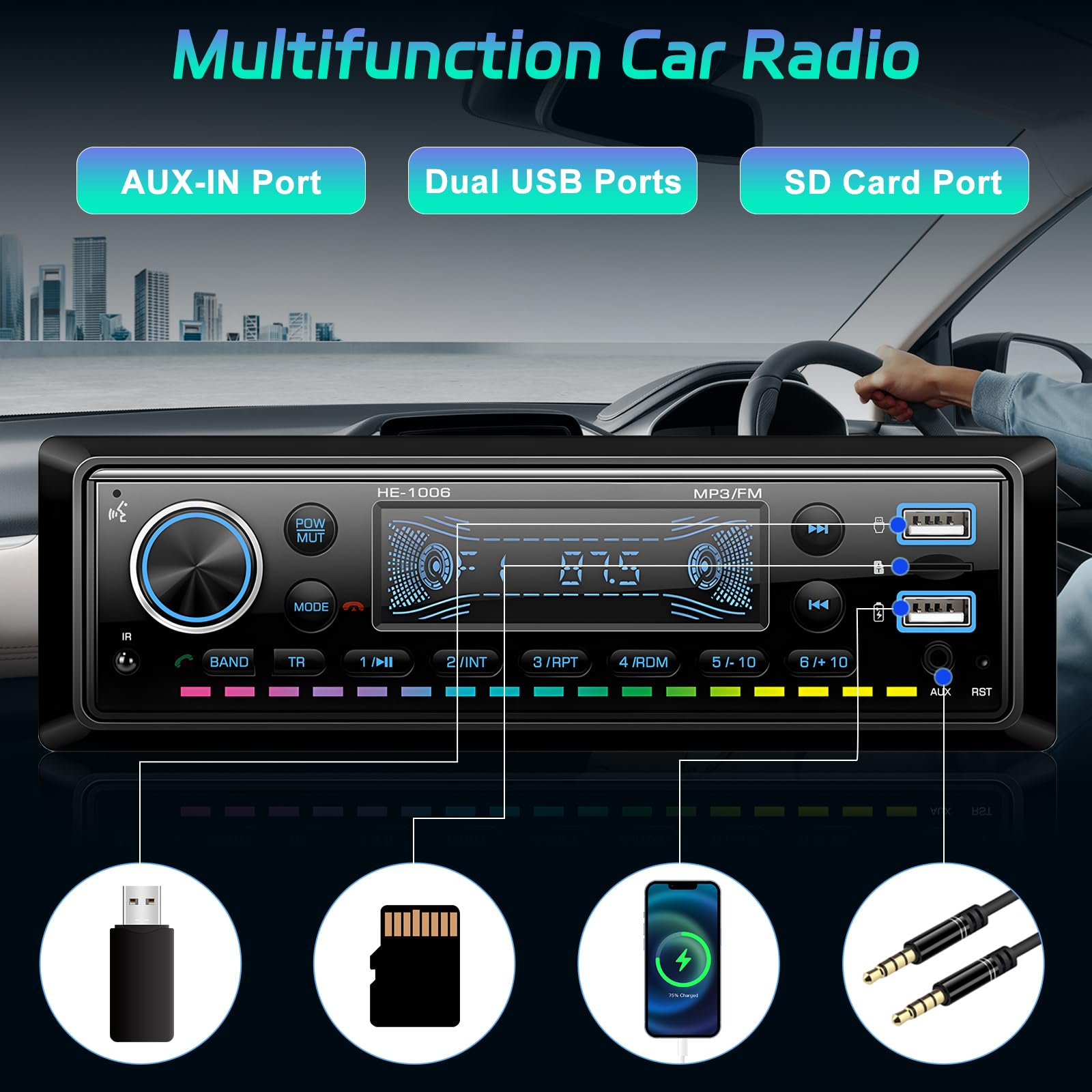 NHOPEEW Autoradio Bluetooth 1 Din con display LED RGB - Autoradio FM 1 Din con doppia porta USB SD Card AUX + telecomando
