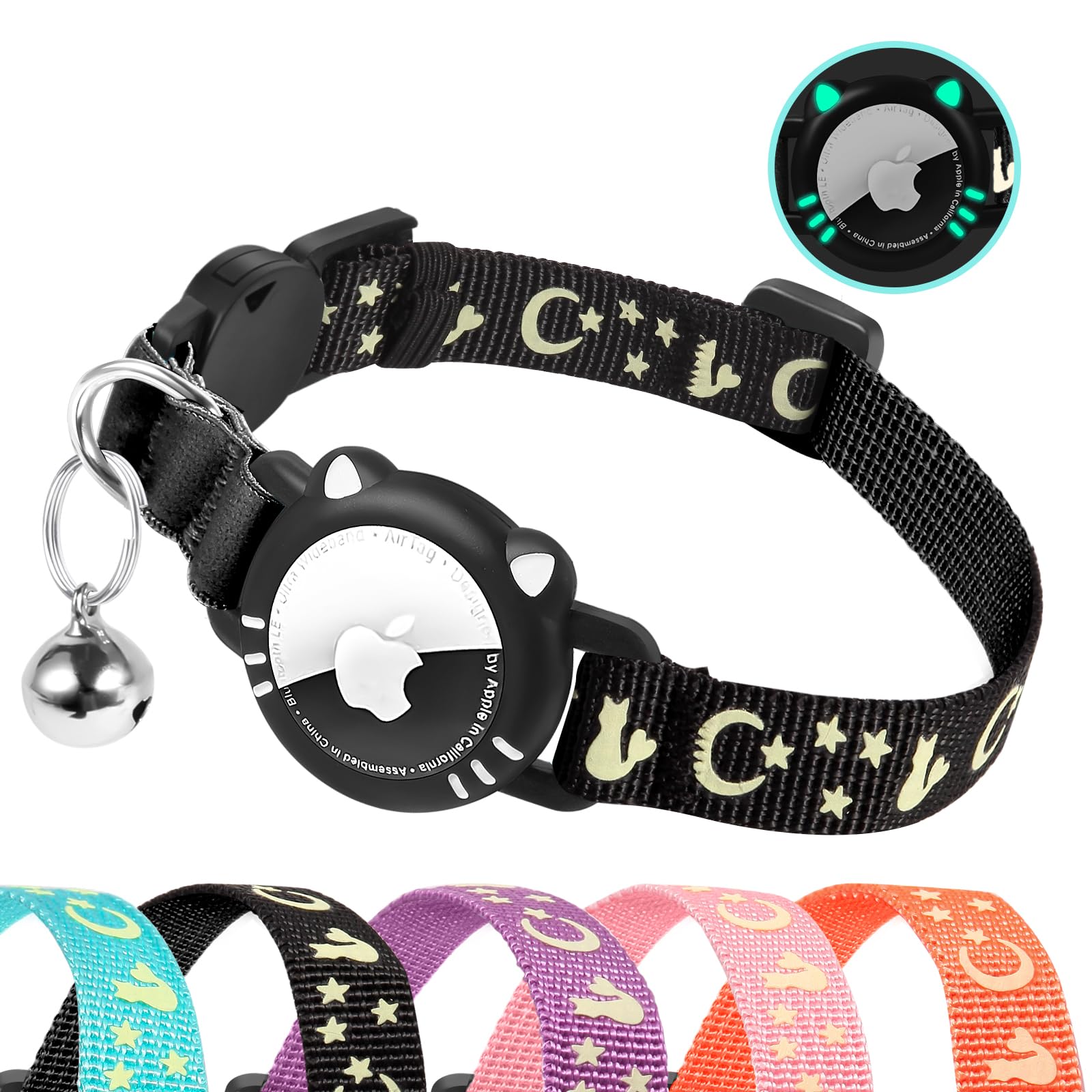 Cats Collar for Airtag, Collar Holder for Apple Air Tag, Anti-Choke and Reflective Collar GPS Cat with Bell for Kittens, Black, S