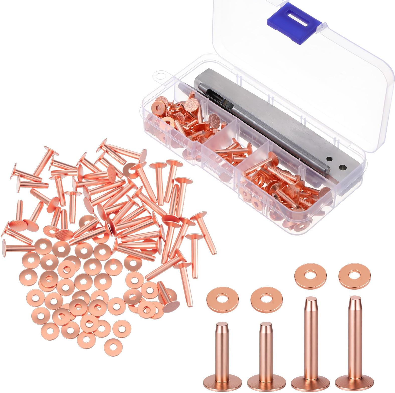 100Pcs Copper Rivets for Leather #9#12 Brass Leather Rivets and Burrs Kit for Leathercraft Rivet Setter Setting Tool with Hole Punch Cutter for Belts Wallets Collars Grounding Shoes Handbags