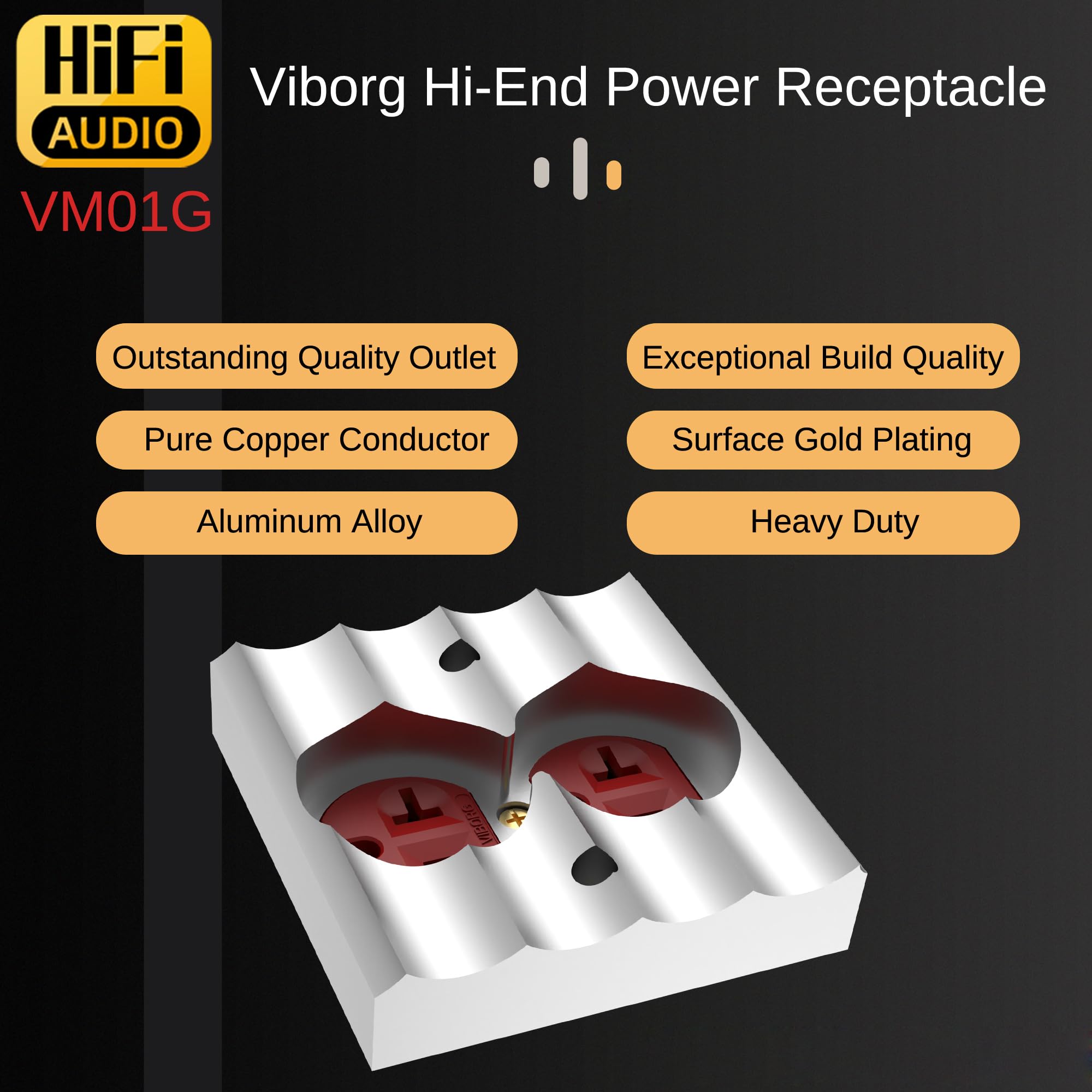Viborg VM01G Audiophile Duplex Receptacle 20A 125V Pure Copper Audio HiFi Wall Mount Socket Hi-end Wall Plate AC Power Outlet with Flame Retardant Shell for Home Stereo Sound Systems (Gold Plated)