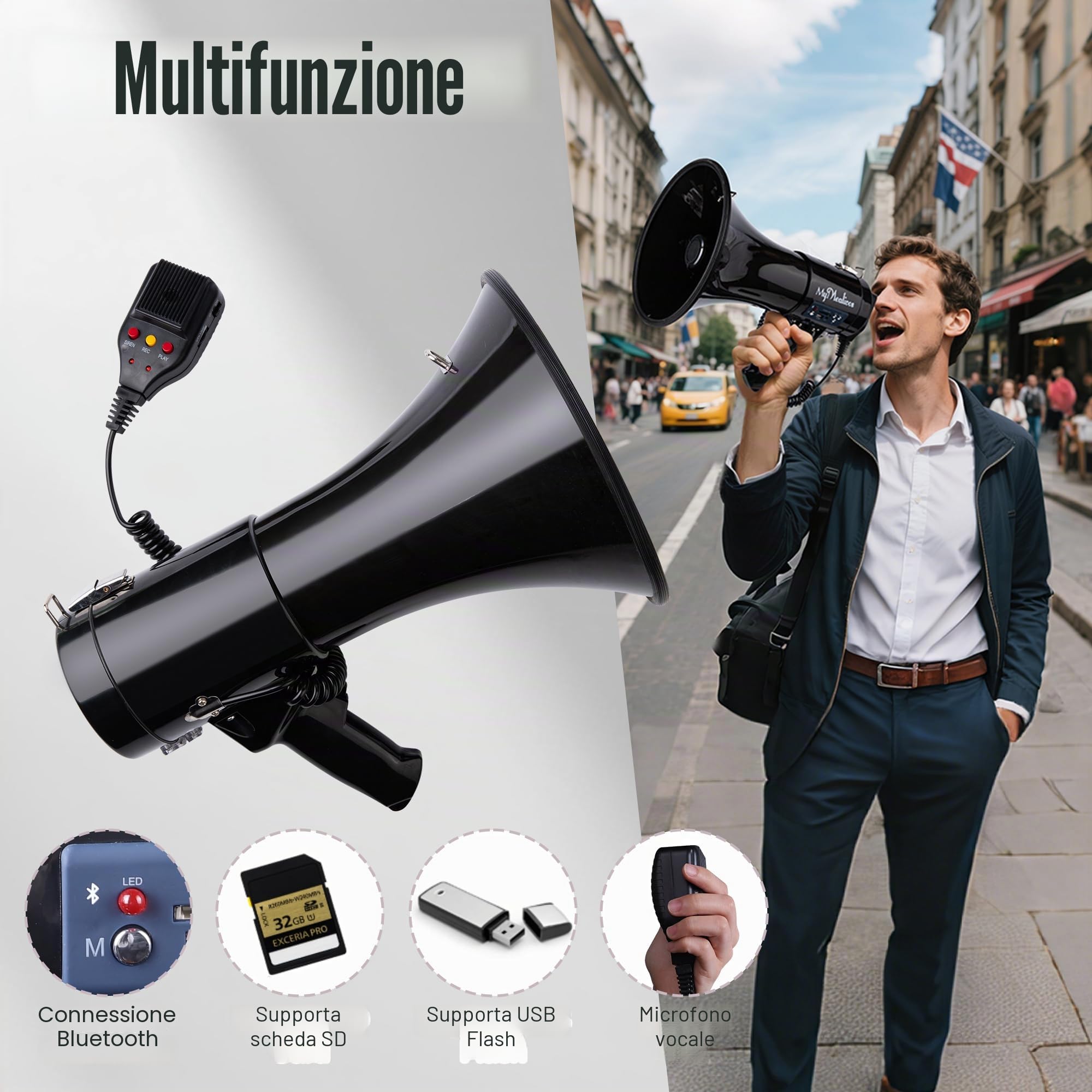 MyMealivos Megafono con Sirena Bullhorn, Altoparlante Bullhorn da 50 Watt con Microfono Rimovibile, Tracolla Leggera Portatile e Ingresso AUX da 3,5 mm (megafono)
