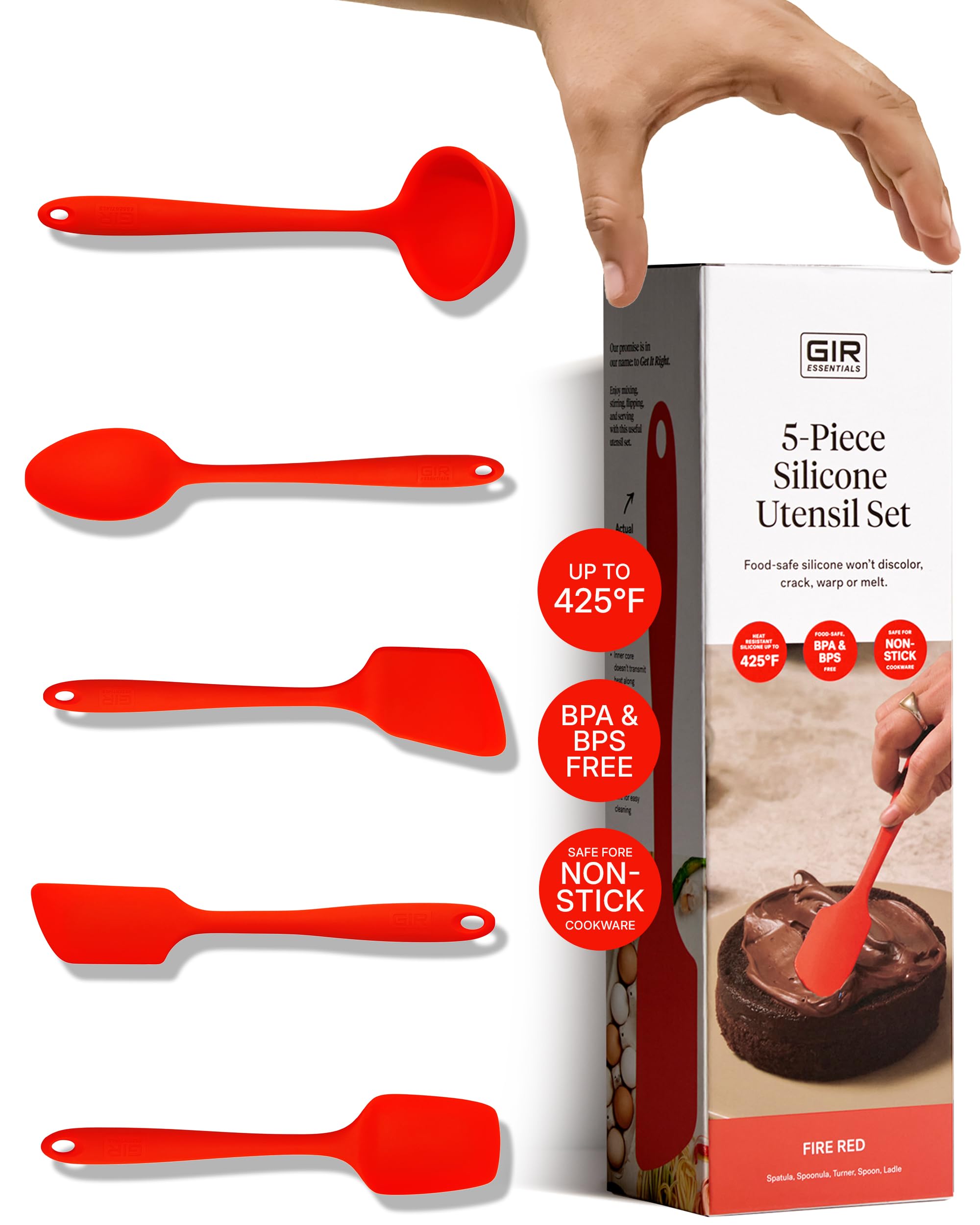 GIR: Get It Right 5-Piece Silicone Essentials Kitchen Utensils Set - Ladle, Spatula, Flip, Spoon & Spoonula - Non-Toxic Cooking Utensils for Nonstick Cookware, Cooking and Baking - Fire Red