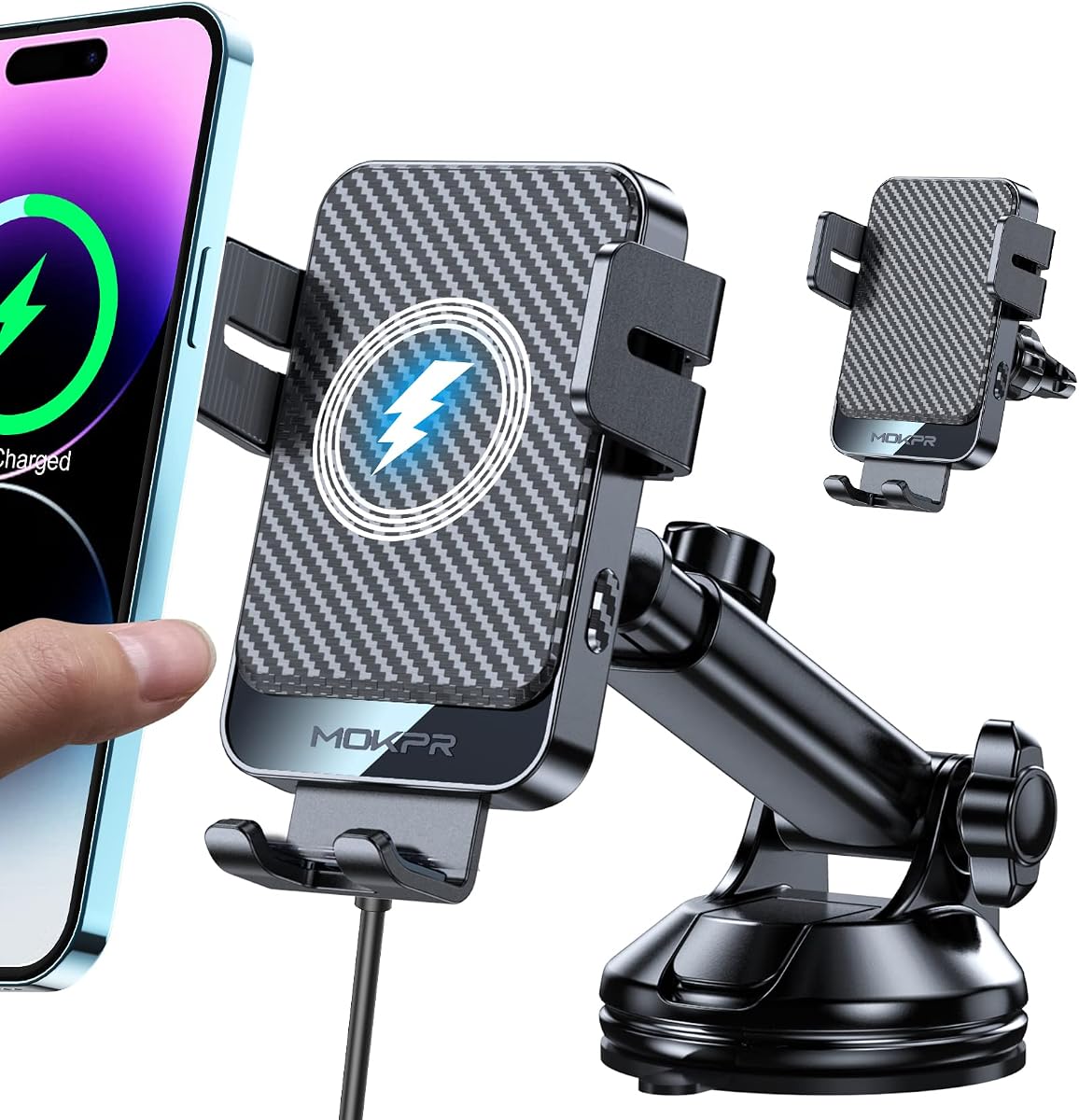 Wireless Car Charger 15W Fast Charging Dash Windshield Vent Car Mount | Auto-Clamping Universal Hands-Free Car Charger Compatible with iPhone 17/16 15/14/13/12, Samsung S24 S23/S22/S21,etc