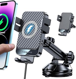 Wireless Car Charger, MOKPR 15W Fast Charging Auto-Clamping Car Mount Universal Hands-Free Car Charger Mount for Dash Windshield Air Vent Compatible with iPhone 15/14/13/12, Samsung S23/S22/S21,etc