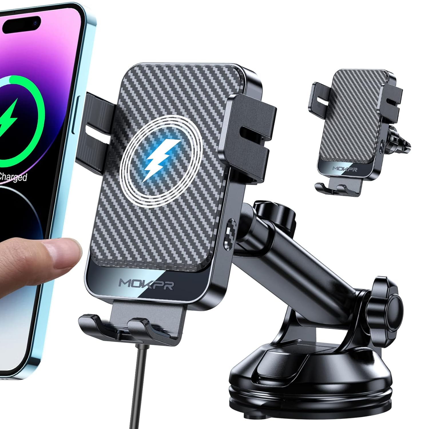 Wireless Car Charger MOKPR 15W Fast Charging Auto-Clamping Car Mount Universal Hands-Free Car Charger Mount for Dash Windshield