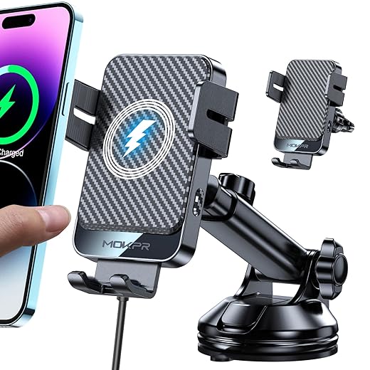 Wireless Car Charger, MOKPR 15W Fast Charging Auto-Clamping Car Mount Universal Hands-Free Car Charger Mount for Dash Windshield Air Vent Compatible with iPhone 15/14/13/12, Samsung S23/S22/S21,etc