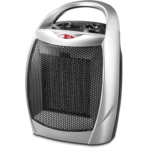 Kismile Small Electric Space Heater,Portable Ceramic Space Heater Fan for Office with Adjustable Thermostat and Overheat Protection ETL Listed for Kitchen, 750W/1500W(Silver)