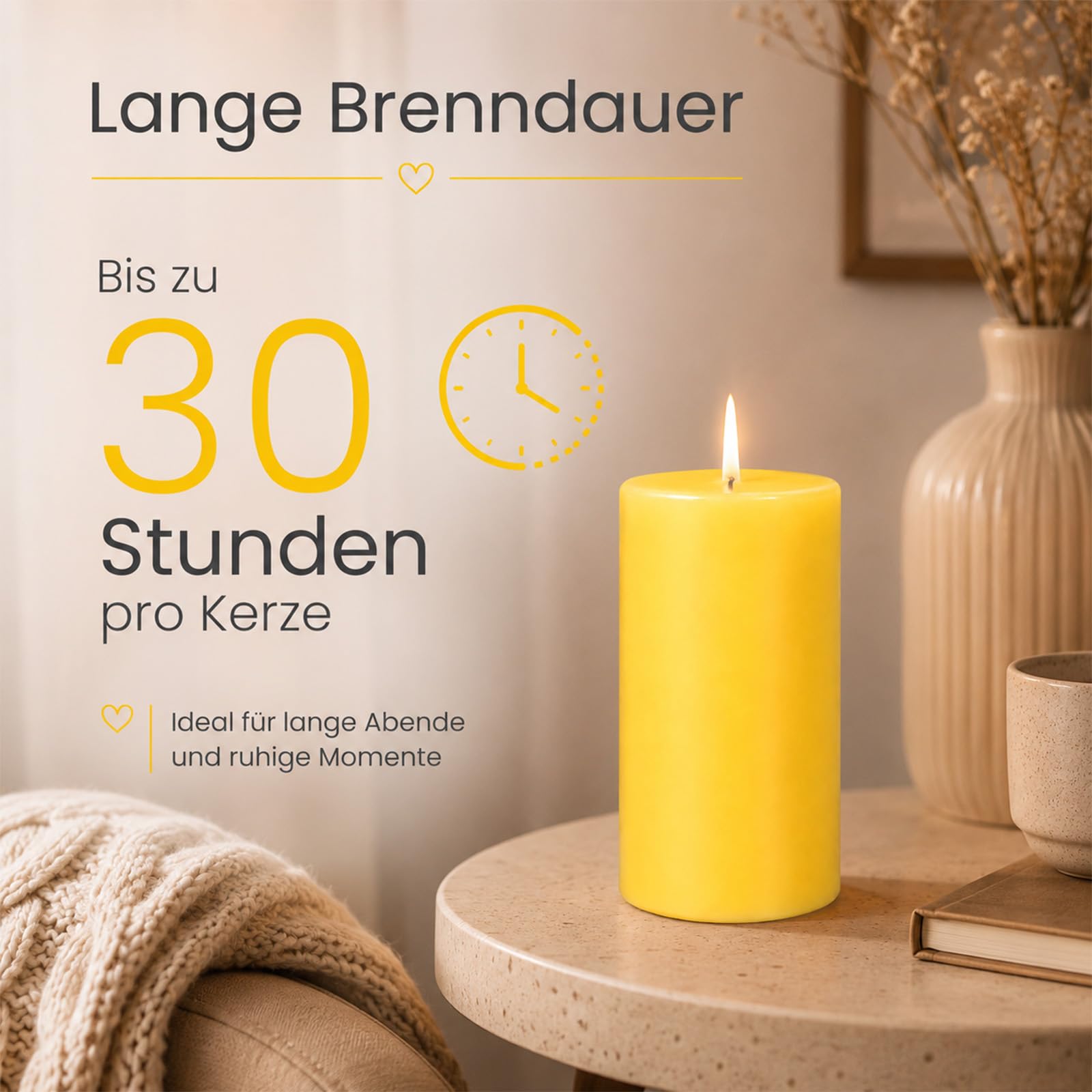 4 Stück Stumpenkerzen, gelbe Kerzen 5x10cm für Zuhause & Dekoration