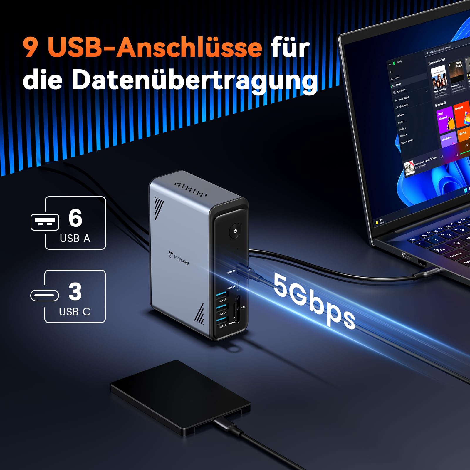 TobenONE 18-in-1 Laptop-Dockingstation mit 3 Monitoren, Dreifach/Doppel 4K | 3 HDMI, 9 USB A/C(Max 5Gbps), RJ45, PD 3.0, Audio, USB-C-Dockingstation für Windows/Dell/Lenovo/HP/ThinkPad, Ohne Netzteil