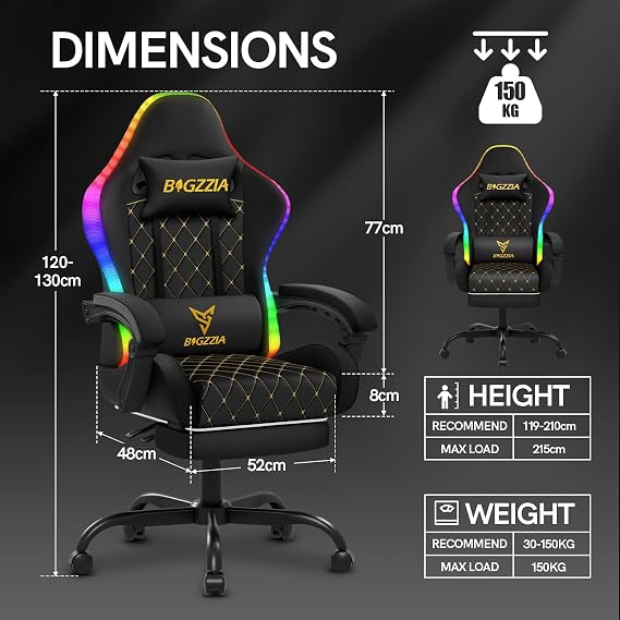bigzzia Gaming Chair with Lights Computer Game Chair RGB Led, PU Leather Video Game Chair for Adults with Footrest (Black, With RGB chair)