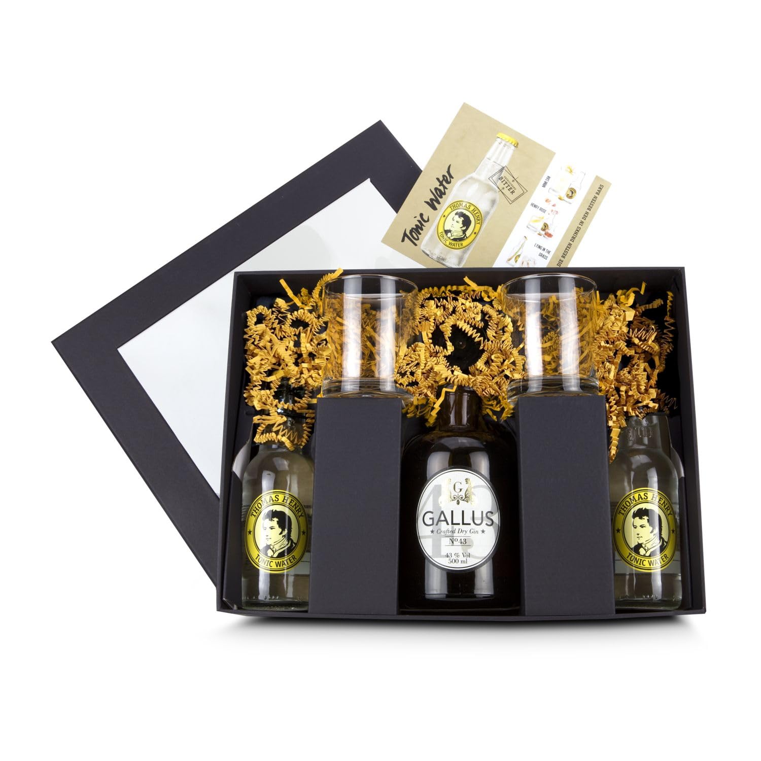 Römer Präsente Gin-Tonic-Geschenkset: 8-teilig; 1 originelle Apothekerflasche gefüllt mit Gin Gallus 43 (0,5 L) + 1 Glaskorken + 2 Thomas Henry Tonic Water + 2 Gläser + 1 Rezept-Flyer + Geschenkbox