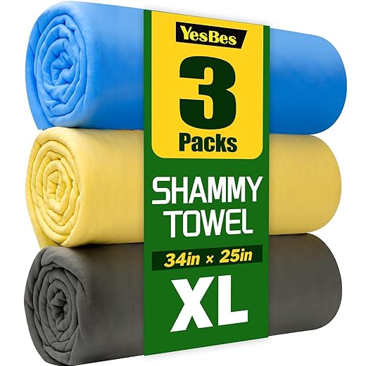 3 Pack Premium XL Shammy Cloth for Car Drying, 34”x25” Chamois Towel for Car, Super Absorbent Shammy Towel for Car, Reusable Soft Car Drying Towels