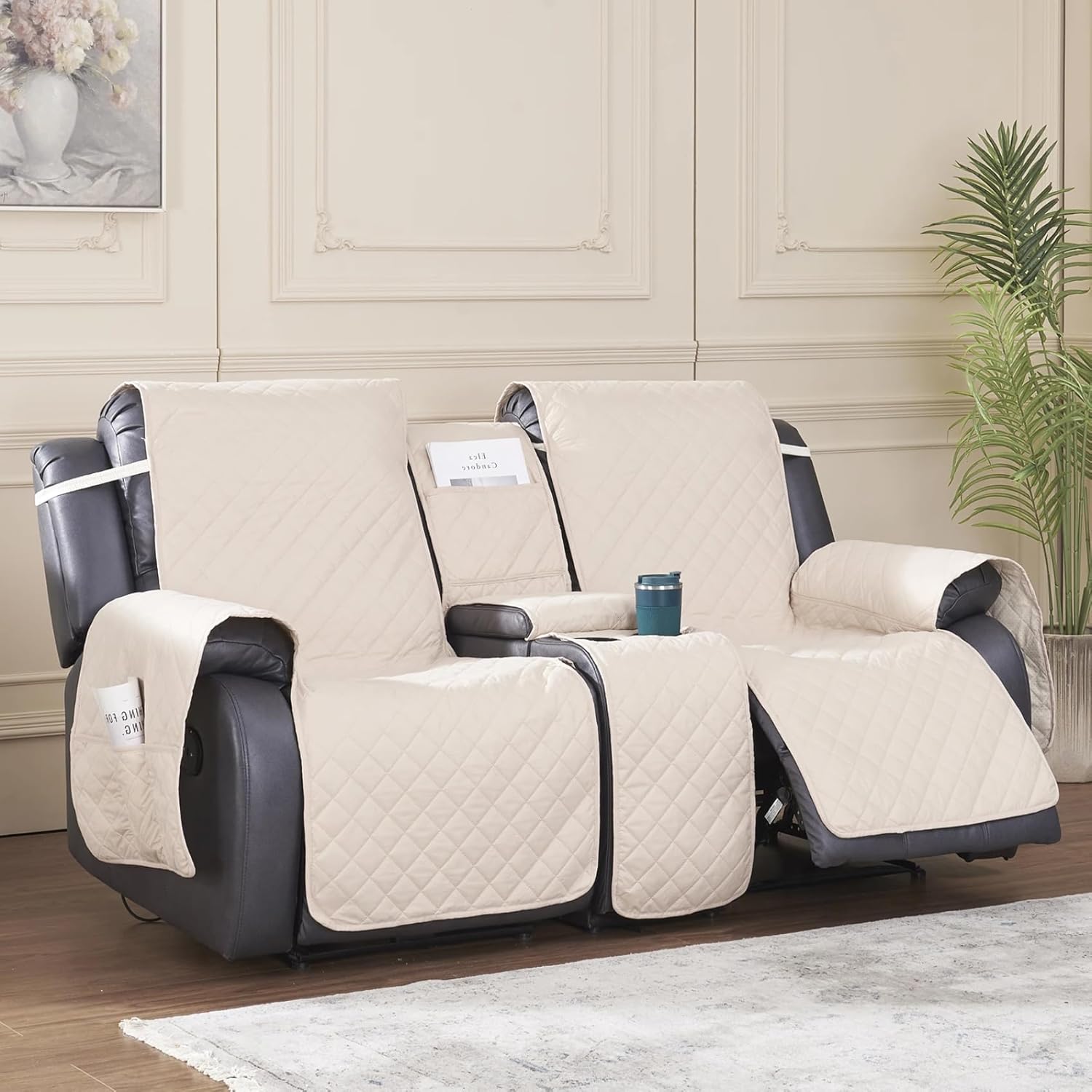 Loveseat Recliner Cover with Console, Waterproof Non-Slip Recliner Cover with Elastic Straps, Sofa for Double Reclining Sofa Furniture Protector for Kids, Pets Loveseat