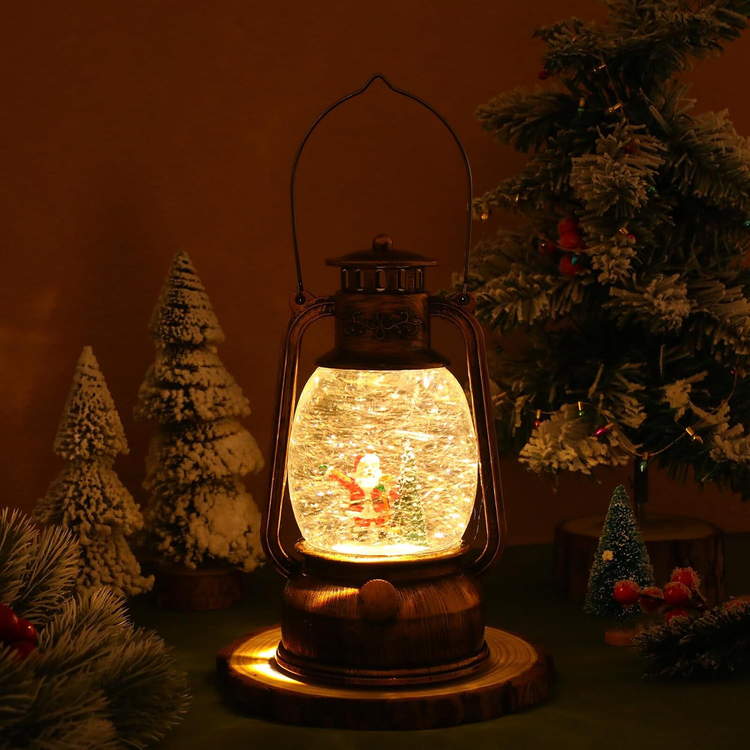 Christmas Musical Snow Globe Lantern with Santa and Lighted Glitter Water Globe, USB and Battery Operated Holiday Decoration for Indoor Christmas Table Centerpiece