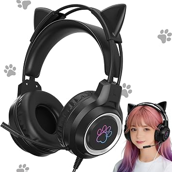 Headphones Cat Ear Headphones Gaming Headset Wired Headphones with 40MM Speaker RGB Light USB Port Microphone Included Soft Protective Cover Good Sound Quality Adjustable Size Cute Compatible