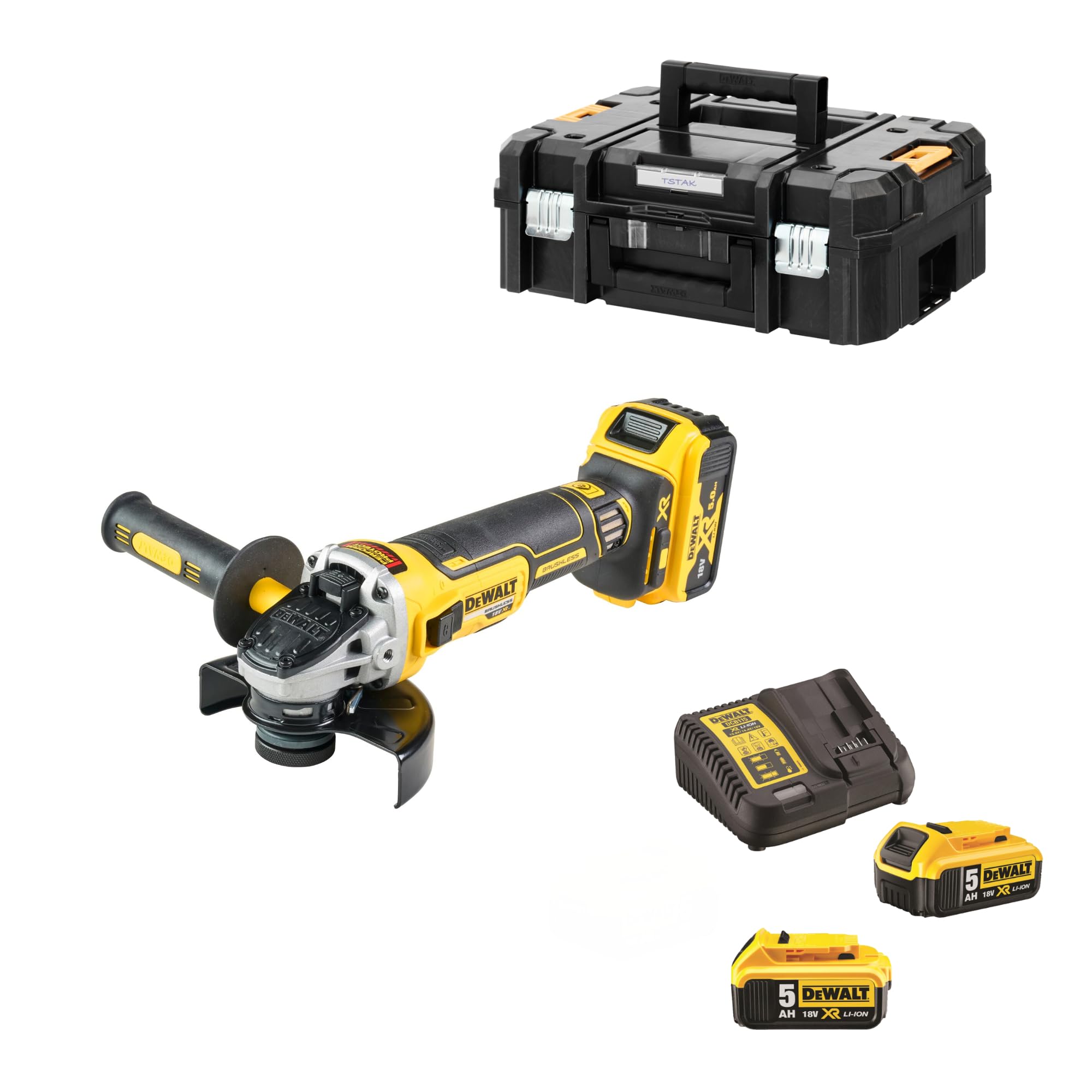 Dewalt Yellow, Black Dcg405p3-Qw - 125 Mm Cordless Grinder 18V 3 Batteries 5.0 Ah Charger And Tstak Case