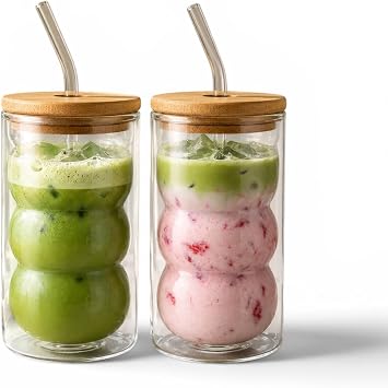 HAPPY PATH & CO. 2 Double Wall Glass Cups with Lids and Straws 16oz 480ml - Glasses Drinking Set | Glass Tumbler with Bamboo Lid | Ribbed Bubble Glass Cups for Matcha, Coffee and Other Smoothies