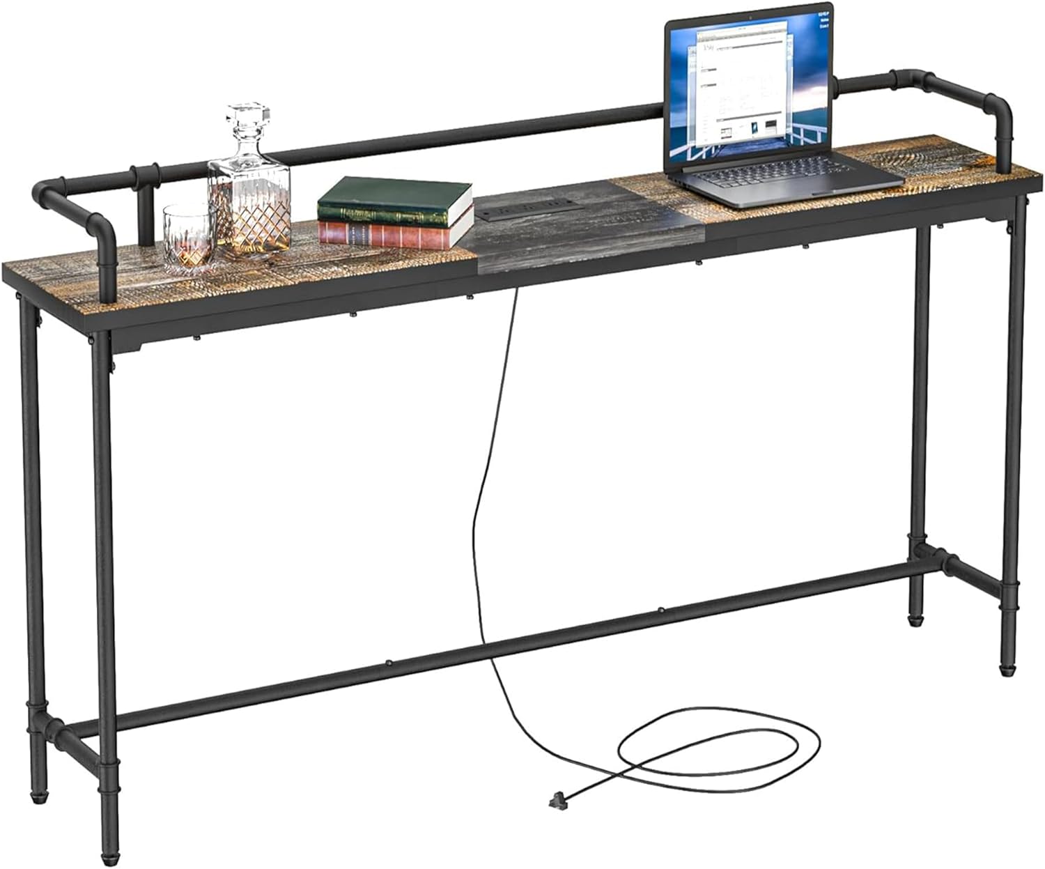 VECELO Narrow Sofa Table with Outlets & USB Ports, Industrial-Style Behind-Couch Table for Entryway, Hallway, Living Room, Bedroom, 55 Inch, Grey Oak