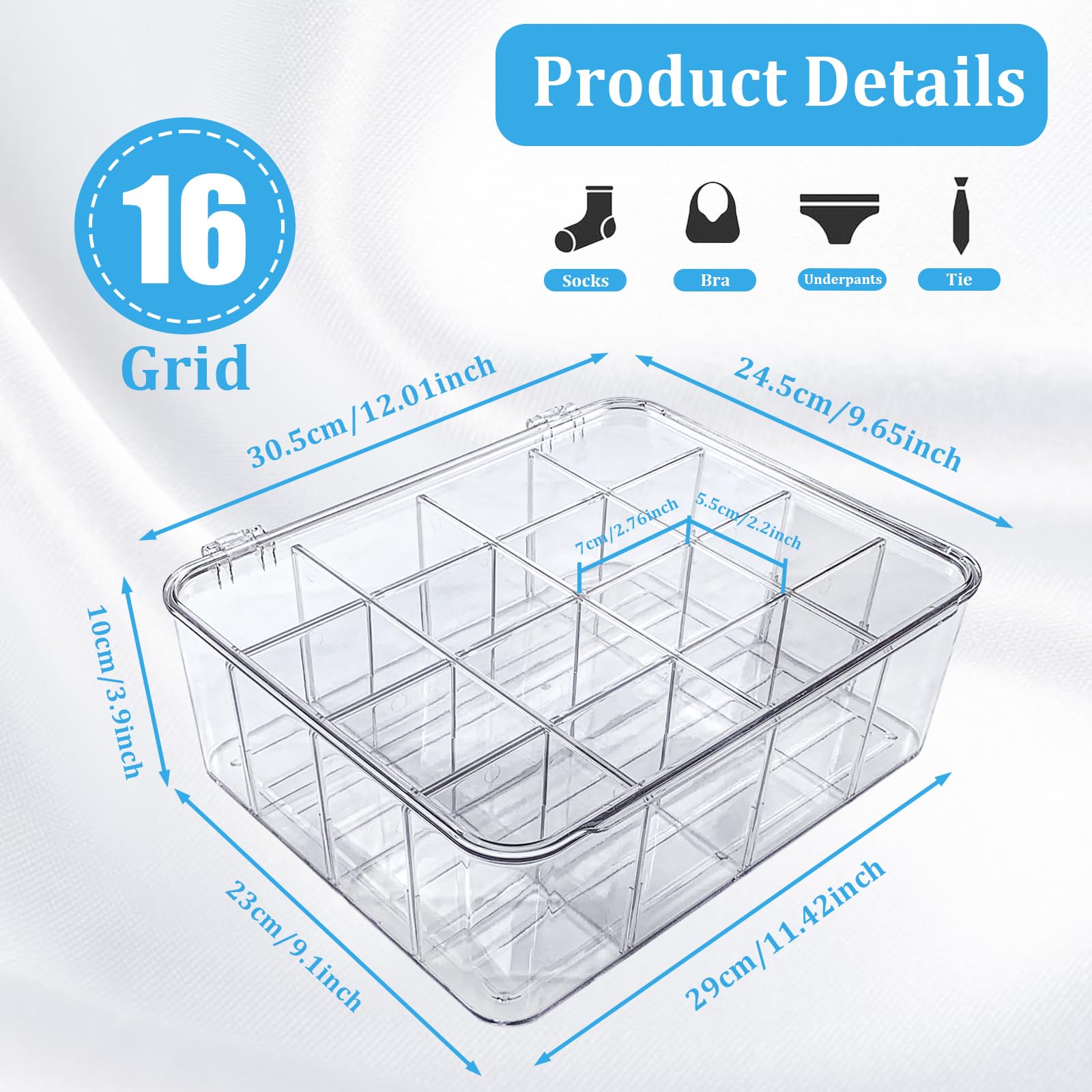 JDBZYDM 2 PCS Sock Underwear Organizer Clear Storage Containers 16 Cell Adjustable Dividers Plastic Drawer Organizer Box with Lids for Ties Bra Scarf (11.8×9.4×3.9