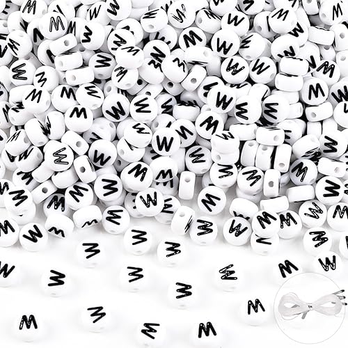500 cuentas de letras, pequeñas cuentas de plástico blanco y negro, cuentas redondas del alfabeto, W para joyería, pulsera, collar, llavero,