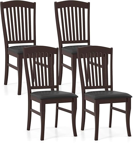 Juego de 4 sillas de comedor de madera, sillas de cocina tapizadas con asiento de piel sintética, respaldo alto de listones y marco de madera de