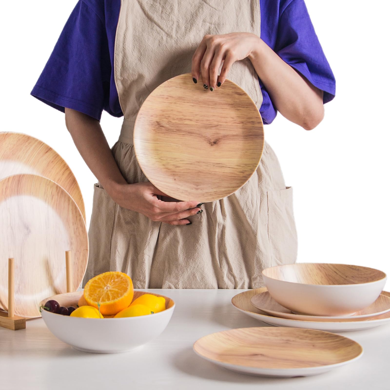 Juego de vajilla de melamina de 18 piezas con aspecto de madera, vajilla de grano de madera, platos de plástico para exteriores, cuencos duraderos para 6 personas