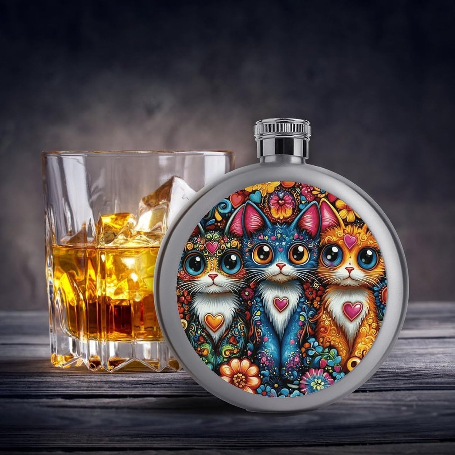 Three Colorful Cats Stainless Steel Flagon to 5 Oz with Screw Cap,Hip Flask for Men–Whiskey & Liquor Pocket Flask,Alcohol Flagon for Camping Drink Sports Outdoor Wine Bottle