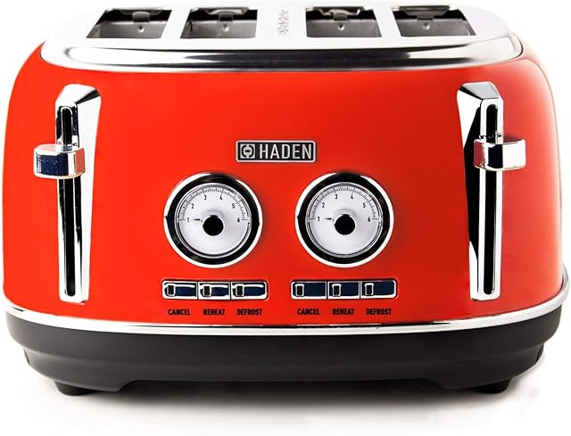 Haden Jersey 4 Slice Orange Toaster  Electric Stainless-Steel Retro Toaster - Variable Browning Control - Reheat and Defrost Functions  1370-1630W