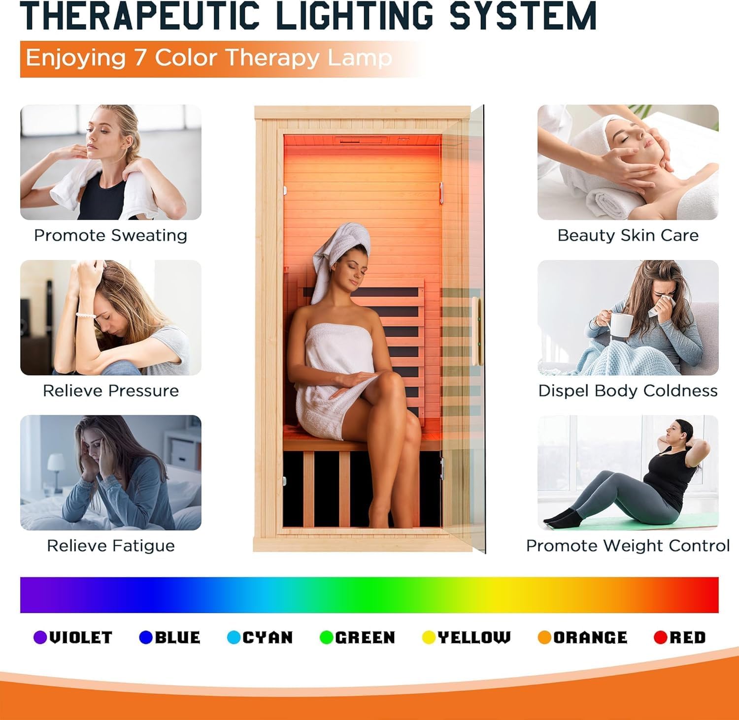 Interior of the Albott Infrared Sauna showing the 7-color light therapy system in action, with various colors like red, blue, green, and yellow, and descriptions of their therapeutic benefits.