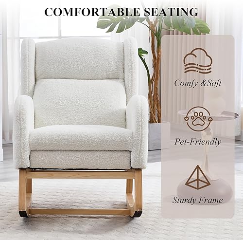 Miniatura 6 de NIOIIKIT Mecedora para guardería con reposapiés, silla deslizante tapizada de peluche, silla de guardería con bolsillo lateral, mecedora deslizante,