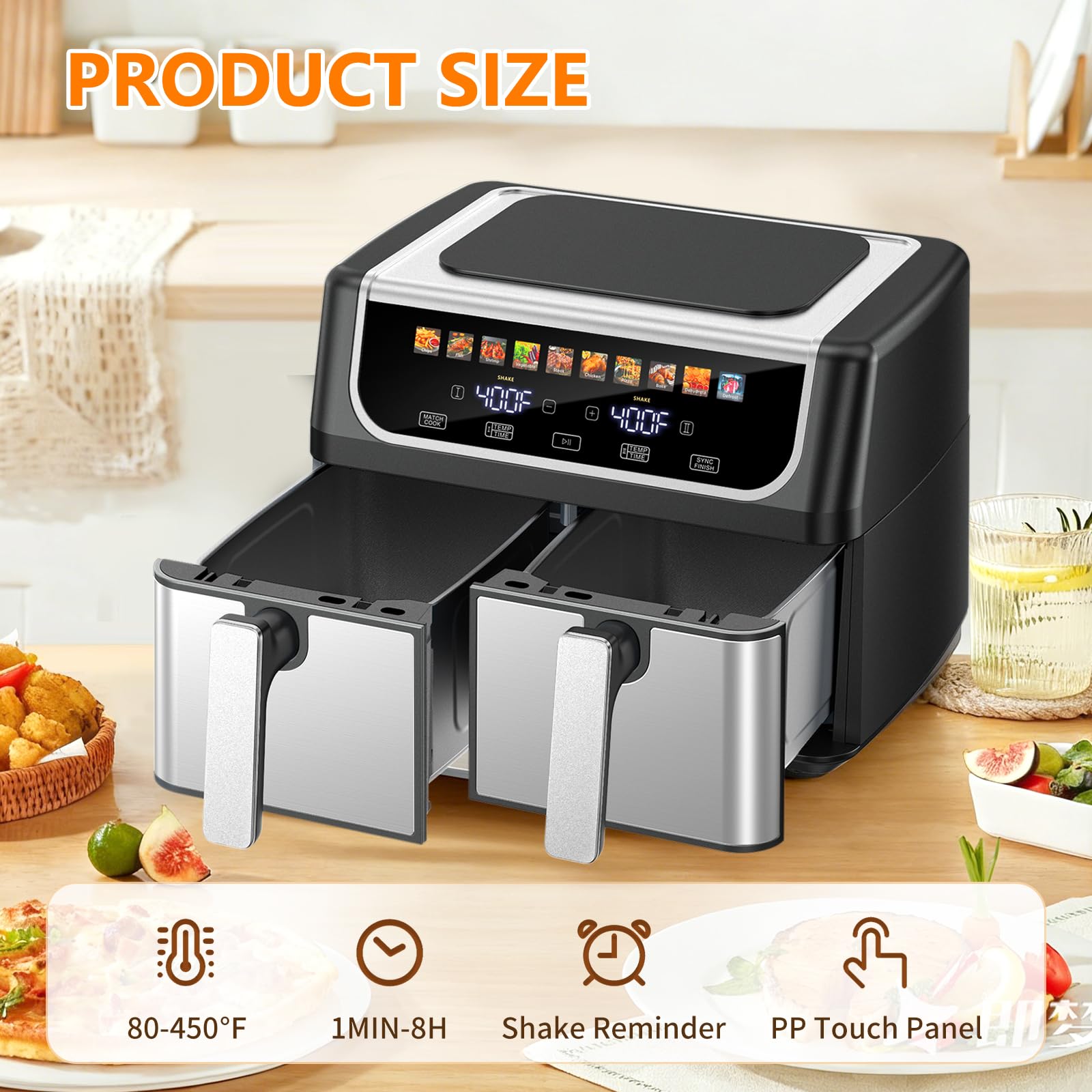 OLIXIS Dual Basket Air Fryer, 9.5 Quart Large Air Fryer with Double Basket, Independent TEMP Control, Sync Setting, Shake Reminder, 10 Presets for Bake, Broil, Defrost, Dehydrate, Black view 2