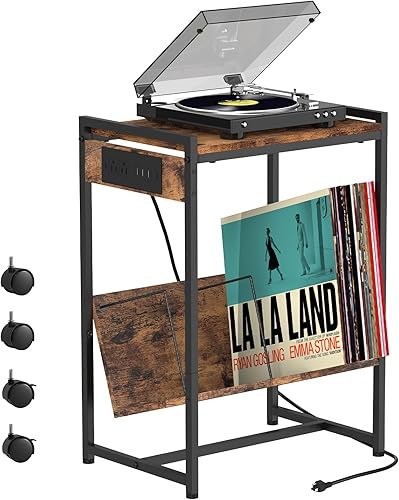 Soporte para tocadiscos marrón con mesa auxiliar de almacenamiento de vinilo con estación de carga, carrito de impresora con ruedas junto al soporte