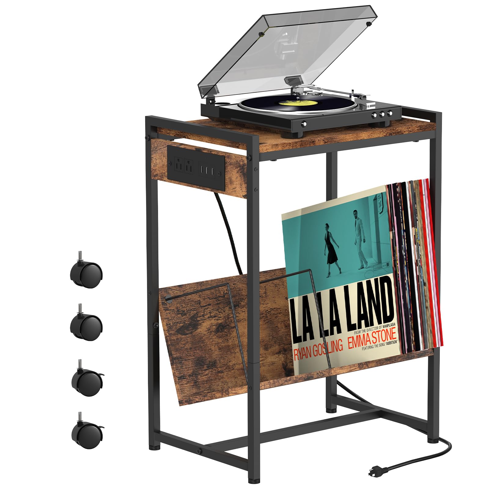 Brown Record Player Stand with Vinyl Storage End Table with Charging Station Printer Cart with Wheels Beside Turntable Stand with Album Storage Industrial Bedroom Table for Living Room Bedroom Office