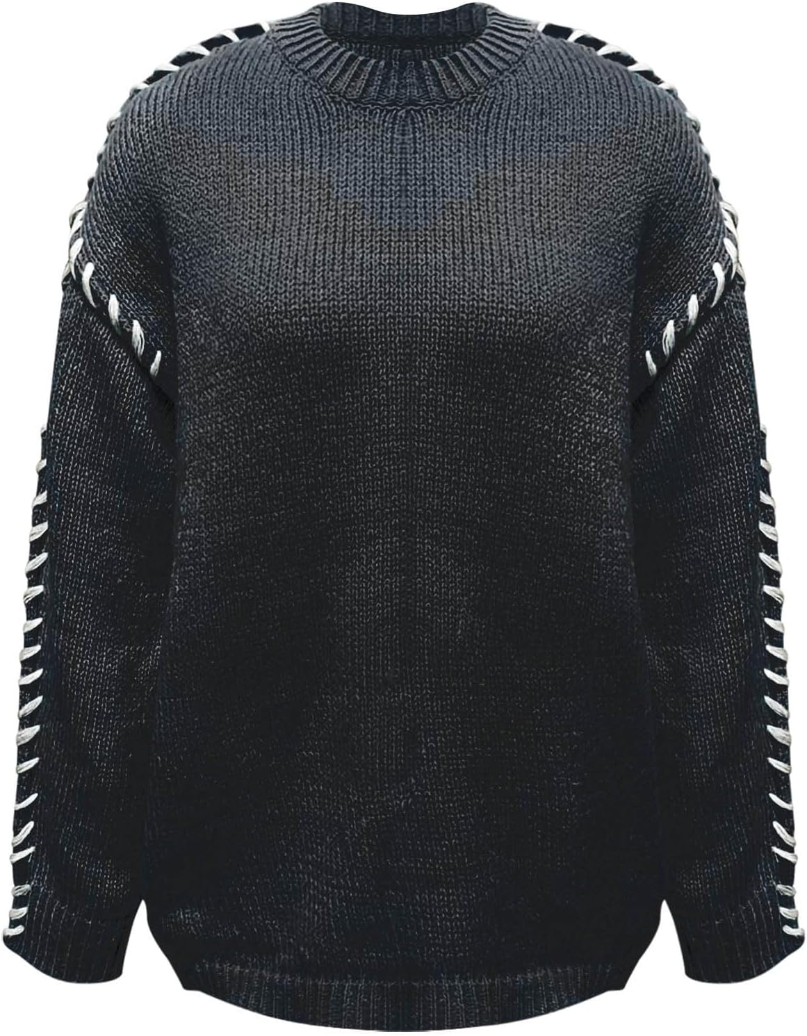 Sweaters for Women Fashion Solid Crewneck Sweater Loose Fit Long Sleeve Contrast Cable Knit Pullover Jumper Tops