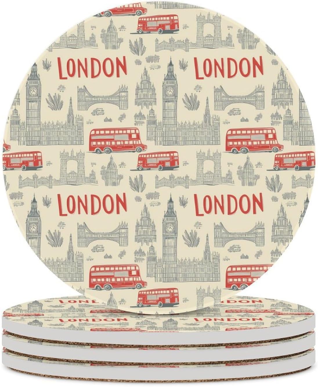 London English Round Ceramic Coasters Print Drinks Absorbent with Cork Base for Home Decor Gifts 4 Inch