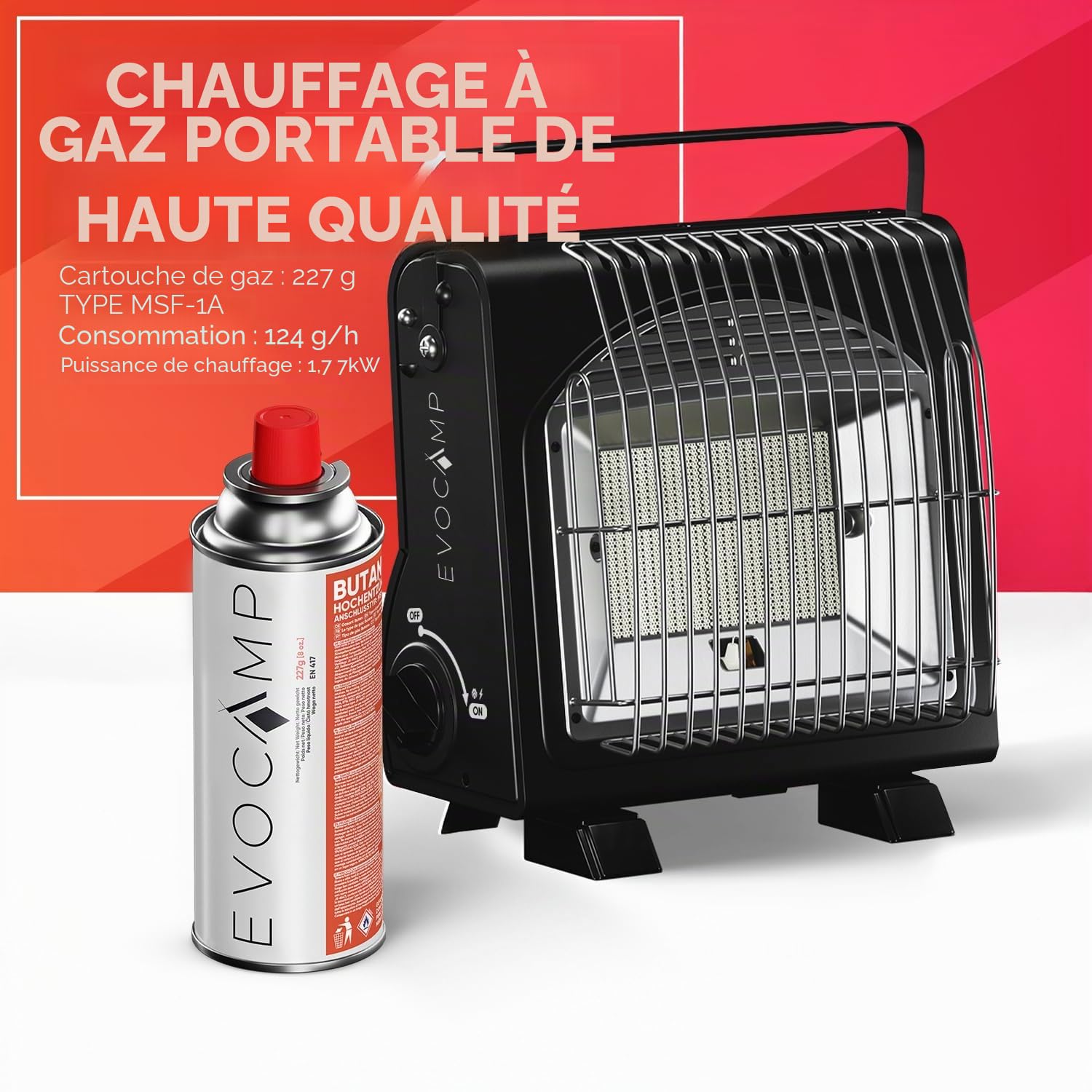 mini Chauffage au gaz portable 1,3 KW pour l'extérieur, mobile chauffage de tente, chauffage de camping sans cartouches de gaz, Noir