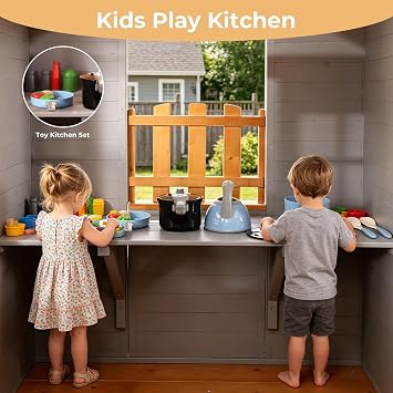 Elevated Wooden Kids Playhouse with Wave Slide,Wrap-Around Deck,Flat-Step Ladder,Half Door Windows,Vertical Speed Slide Pole and Sandbox,for Outdoor Backyard Play