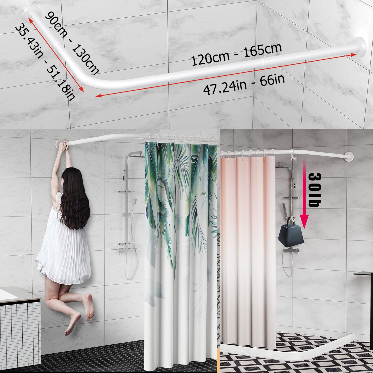 Rozciągliwy 304 stal nierdzewna w kształcie litery L łazienka wanna narożna zasłona prysznicowa pręt stojak (duży rozmiar02: biały 90 cm - 130 cm x 47,24"- 165 cm)