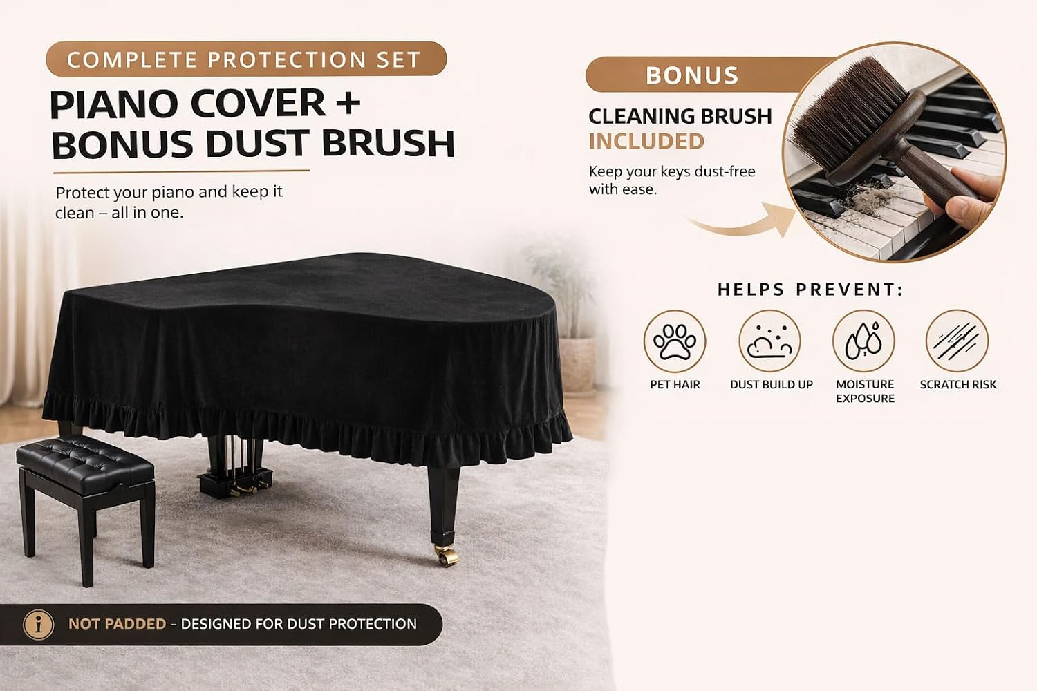Extra Wide Piano Cover 78" by 74" | Universal Dust Cover for Keyboard, Stand & Full Setup, Loose Fit Protection with dust brush