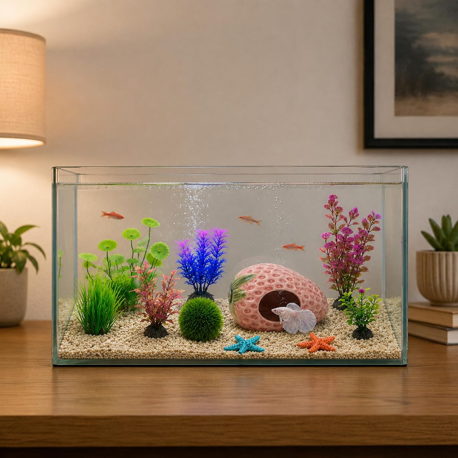 10PCS Aquarium Decorations, Ice Crackle Glaze Betta Fish Tank Decor Accessories, Ceramic Strawberry House Cave Hideout with Artificial Plants Grass Ball & Starfish for Goldfish Shrimp Cichlid (Pink)