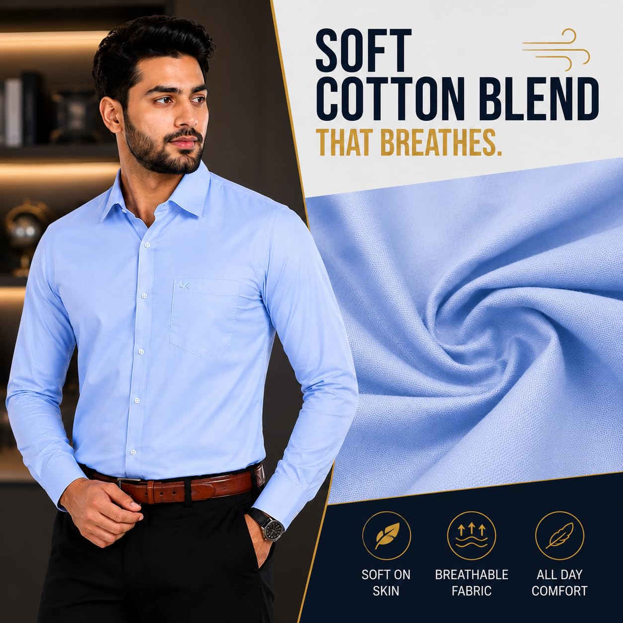 XJARVIS Clifton Men’s Formal Shirt | Premium Soft Cotton Blend Regular Fit Shirt for Men | Full Sleeve Spread Collar Office Wear Casual Shirt with Pocket, Pack of 1 (Blue, 2XL) 2