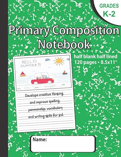 Composition notebook half blank half lined Hand writting practice book 8.5x11 with dotted lines and drawing area, Primary composition notebook with