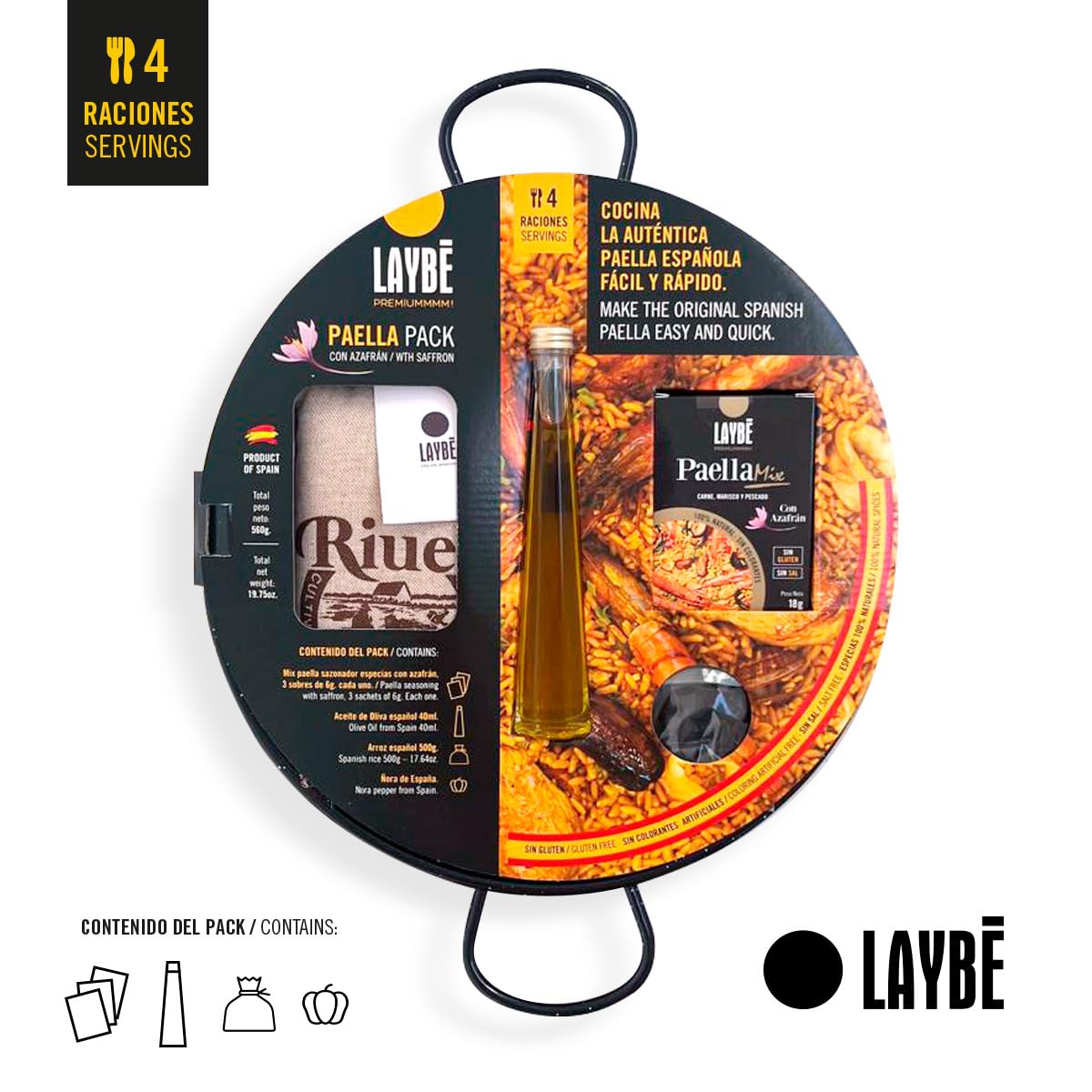 LAYBÉ - Pack Paella, Kit Completo para Elaborar la Auténtica Paella Española con Azafrán, Incluye: Paellera, Arroz 500gr (4 raciones), Sazonador (3x6gr), Aceite de Oliva (4ml) y Ñora.