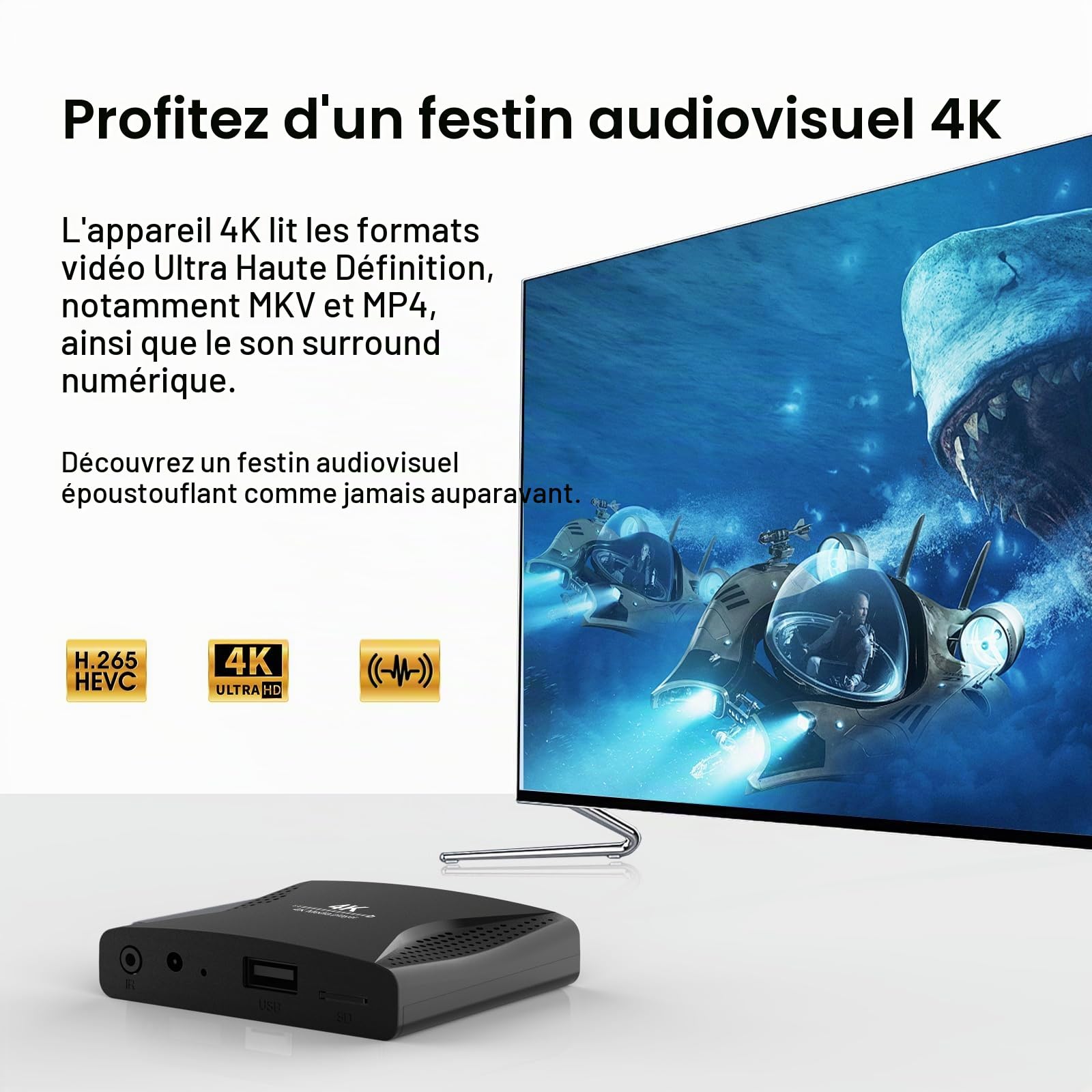 ZUMKUNM Lecteur multimédia numérique Ultra HD 4K pour lecteurs USB et Cartes MicroSD, Affichage numérique, H.265,H.264/AVC MP4 MKV Vidéos MP3 Music JPG Photos, 4K HDMI,Lecture et Sortie de Voiture