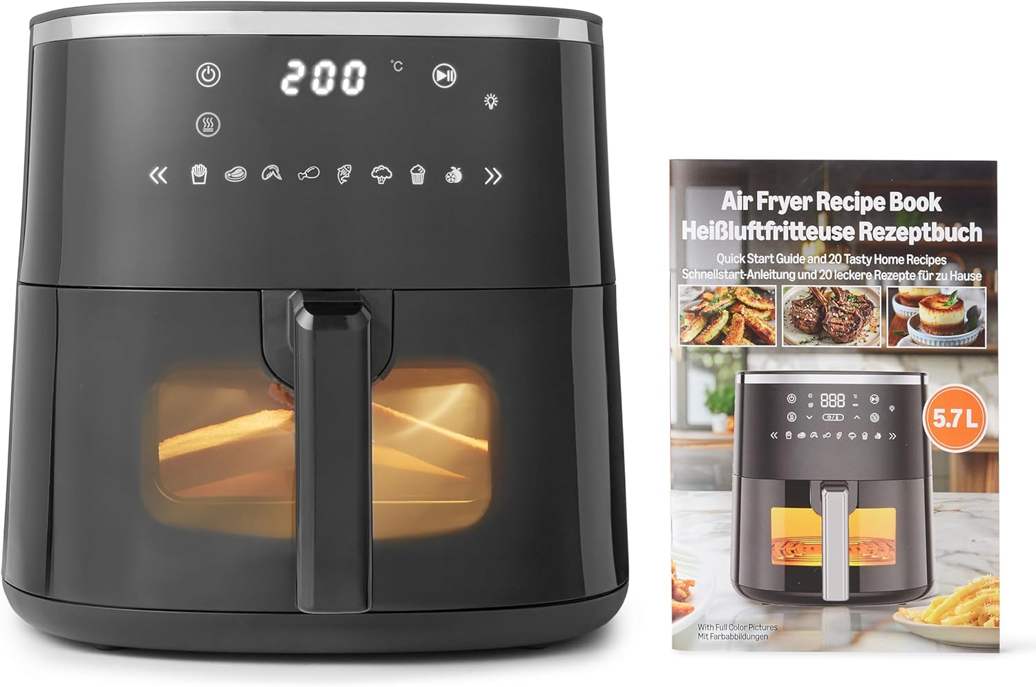 Amazon Basics 5.7L Air Fryer with Easy View Window, 8 Preset Menus, 1750W, Black