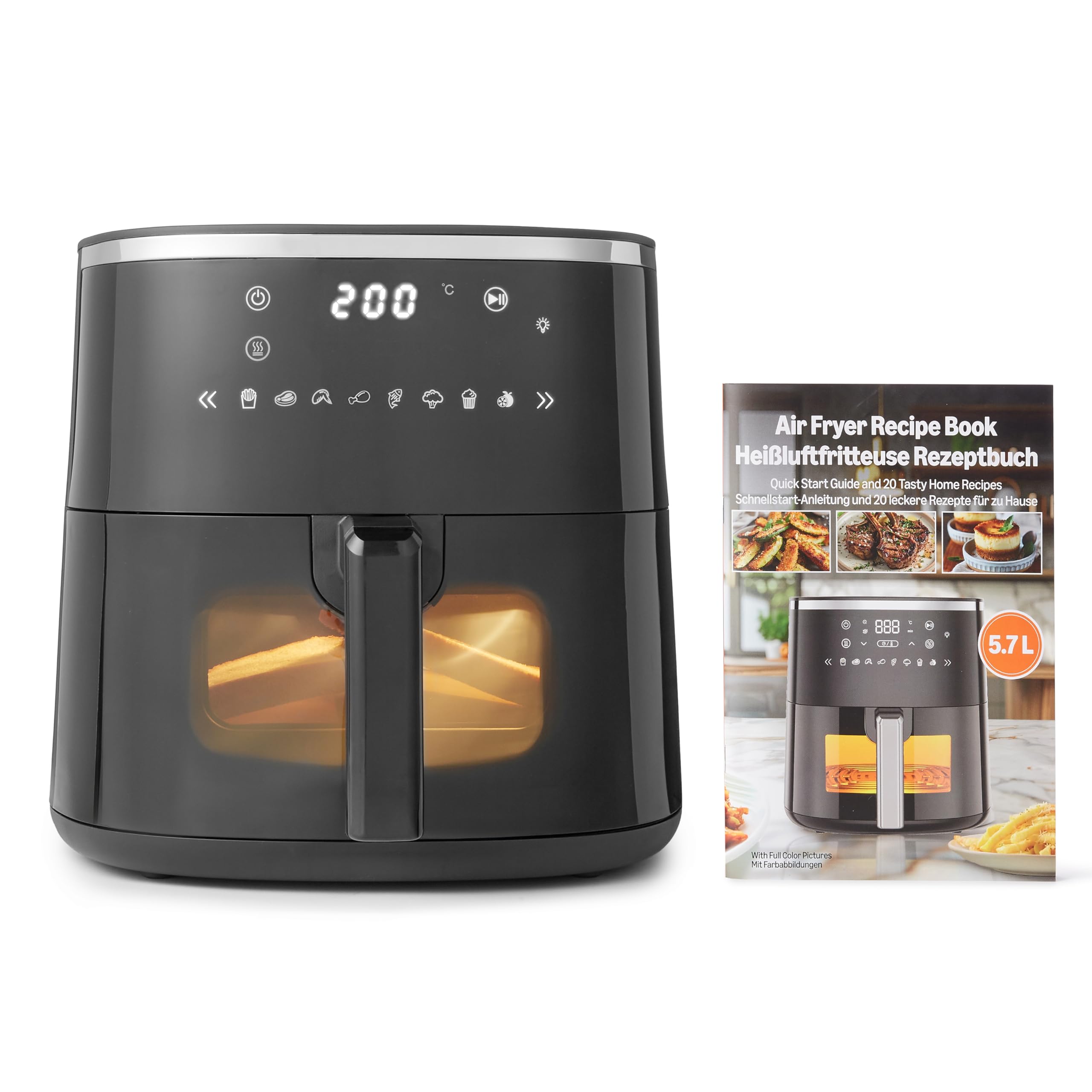 Amazon Basics - Friggitrice ad Aria 5,7L, con Finestra Trasparente, 8 Menu Preimpostati, 1750W, Nero
