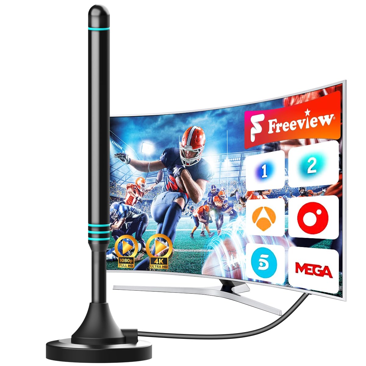 Antena TV Interior Digital 2026 – Señal Estable con Recepción 360°, Base Magnética Fuerte, Cable Coaxial de 5 m, Compatible con Smart TV 4K y 1080P, Antena TDT para Canales Locales Gratis