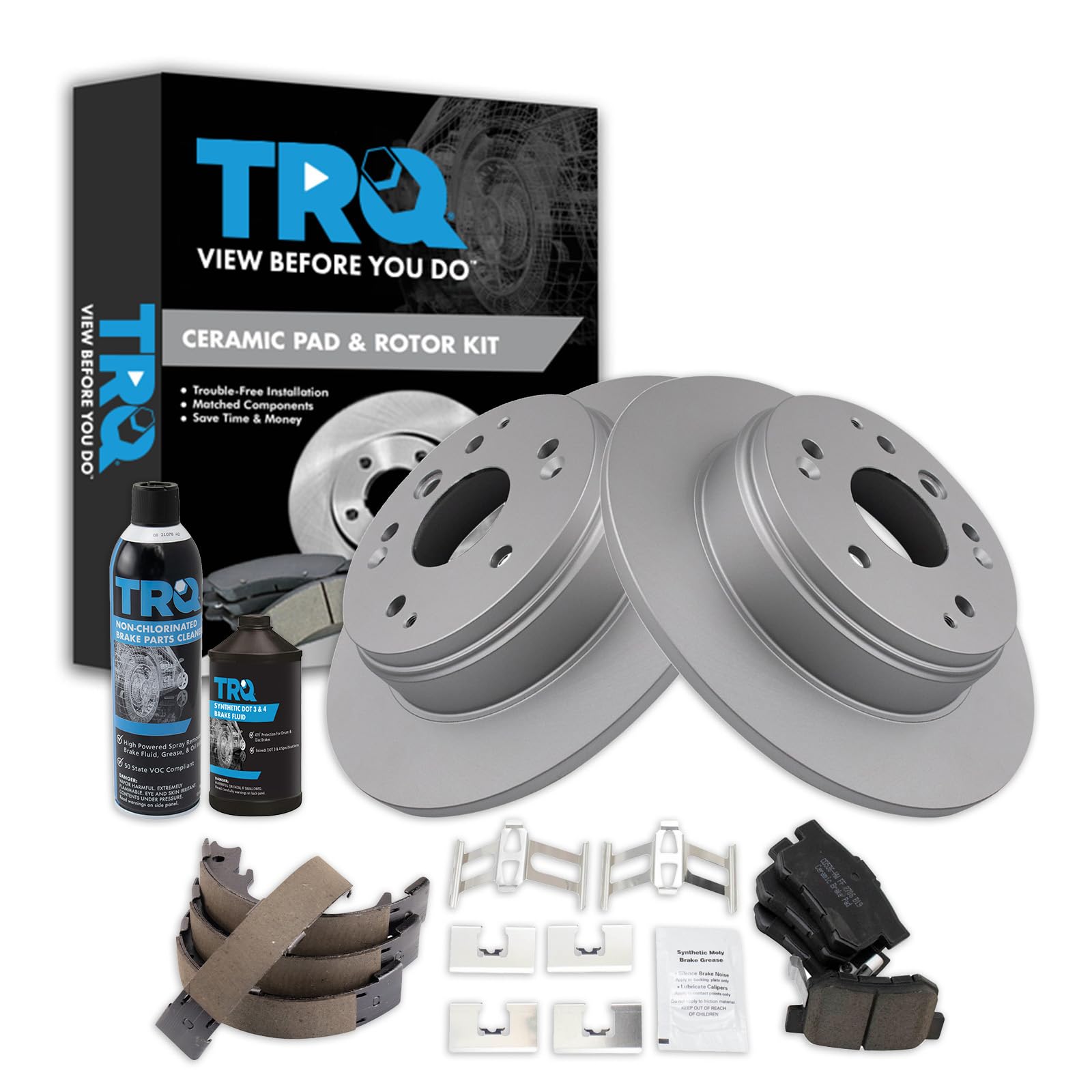 TRQ Rear Brake Pad &amp; Rotor Kit, with Chemical Kit Parking Brake Shoe Set Ceramic Premium G-Coated Compatible with 2004-2008 Acura TL 2003-2011 Honda Element